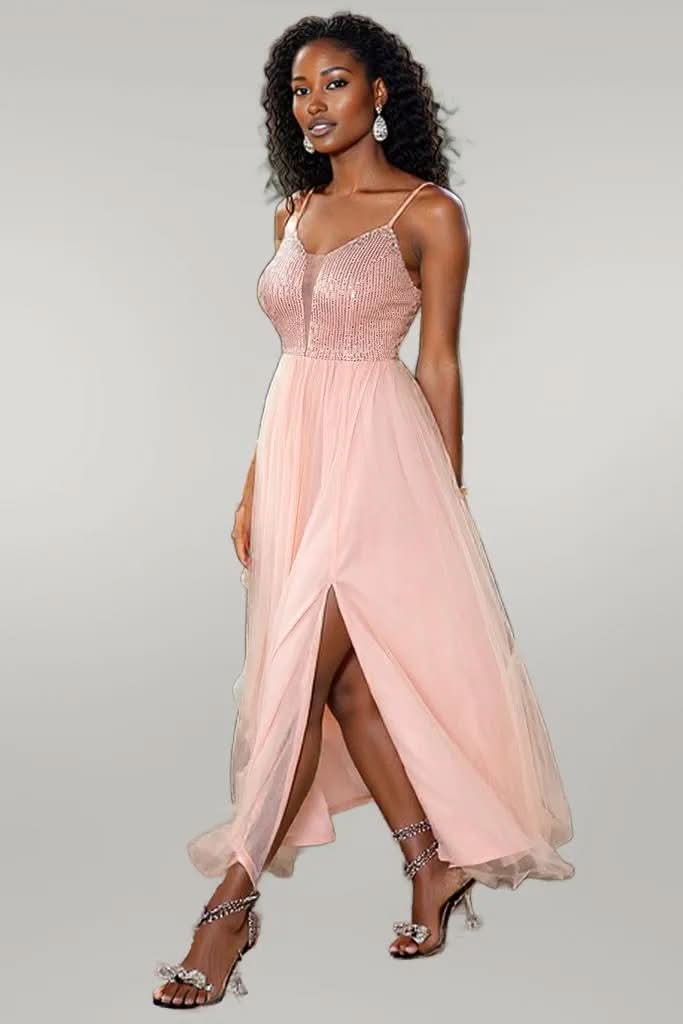Spaghetti Strap Slit Mesh Dress