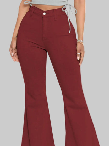 Full Size High-Waisted Raw Hem Flare Jeans Wine Red