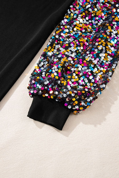 Black Sequin Bishop Sleeve U Neck Mini Sweater Dress Black 93%Viscose+7%Elastane