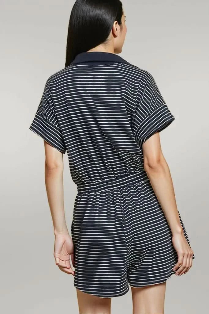 Umgee Full Size Half Zip Striped Romper Plus Size