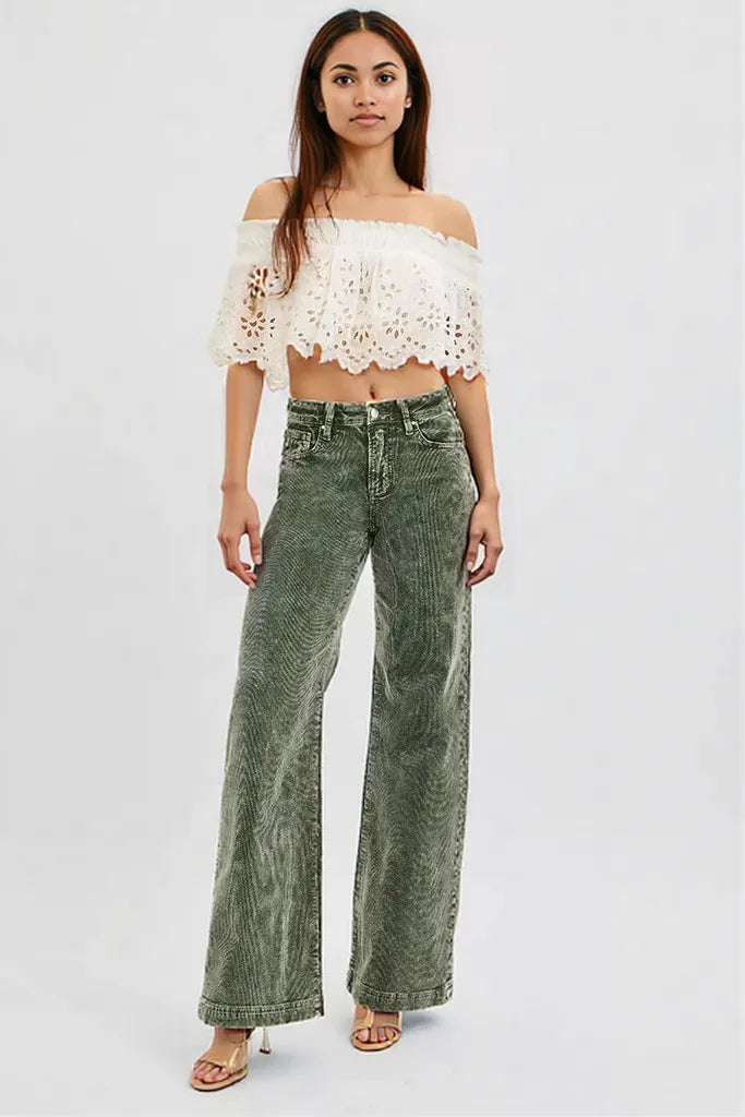 RISEN Full Size High Rise Wide Leg Corduroy Jeans FOREST