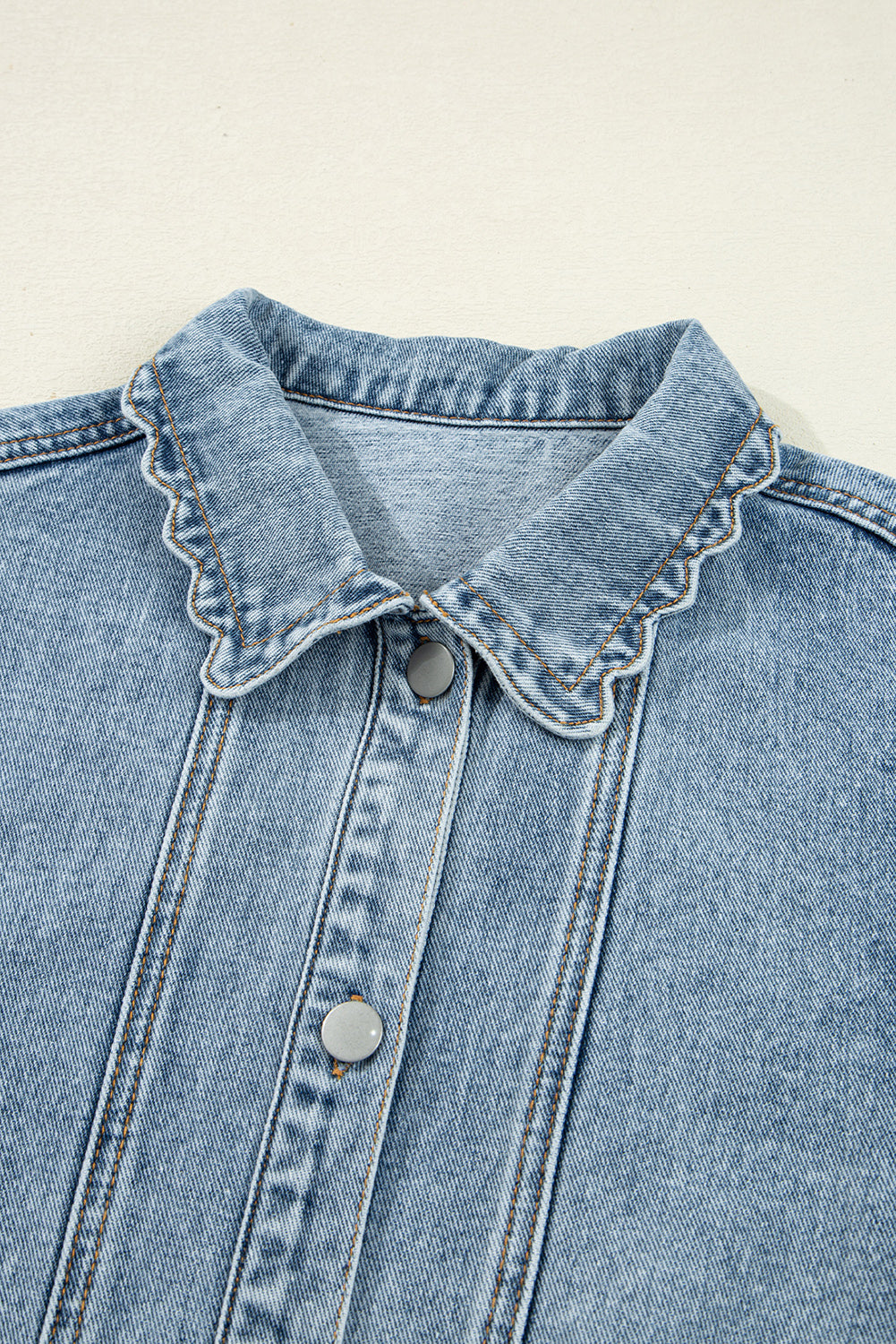 Sail Blue Scallop Trim Collar Patched Pocket Button Up Denim Jacket Myosotis 75%Cotton+25%Polyester