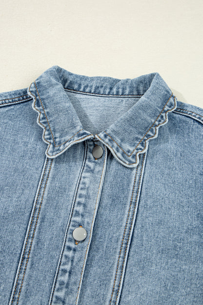 Sail Blue Scallop Trim Collar Patched Pocket Button Up Denim Jacket Myosotis 75%Cotton+25%Polyester