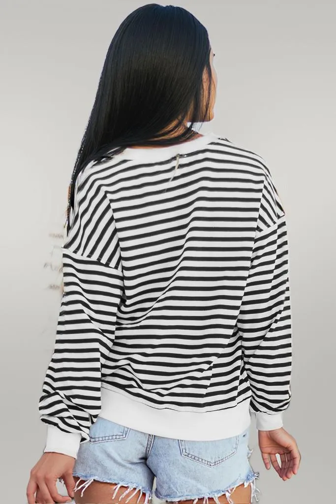 White Stripe Color Block Buttoned Crew Neck Oversized Sweatshirt