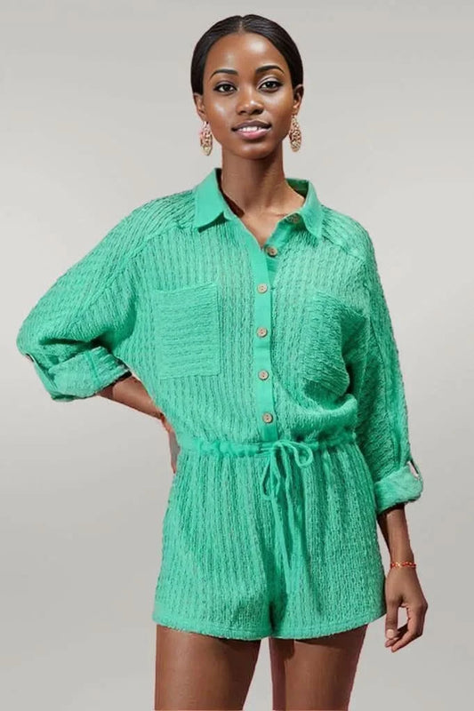 SO ME Textured Knit Button Front Romper MINT