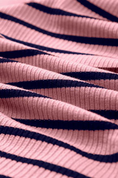 Pink Stripe Contrast Round Neck Sleeveless Slim Top