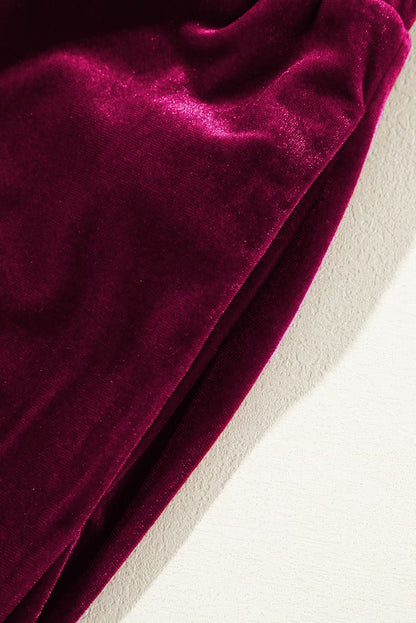 Black Solid Drawstring Waist Wide Leg Pants Burgundy 95%Polyester+5%Elastane