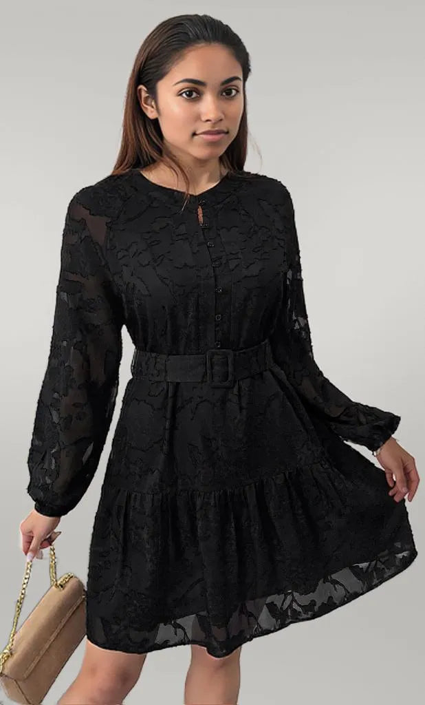 Button-Front Balloon Sleeve Mini Dress Black