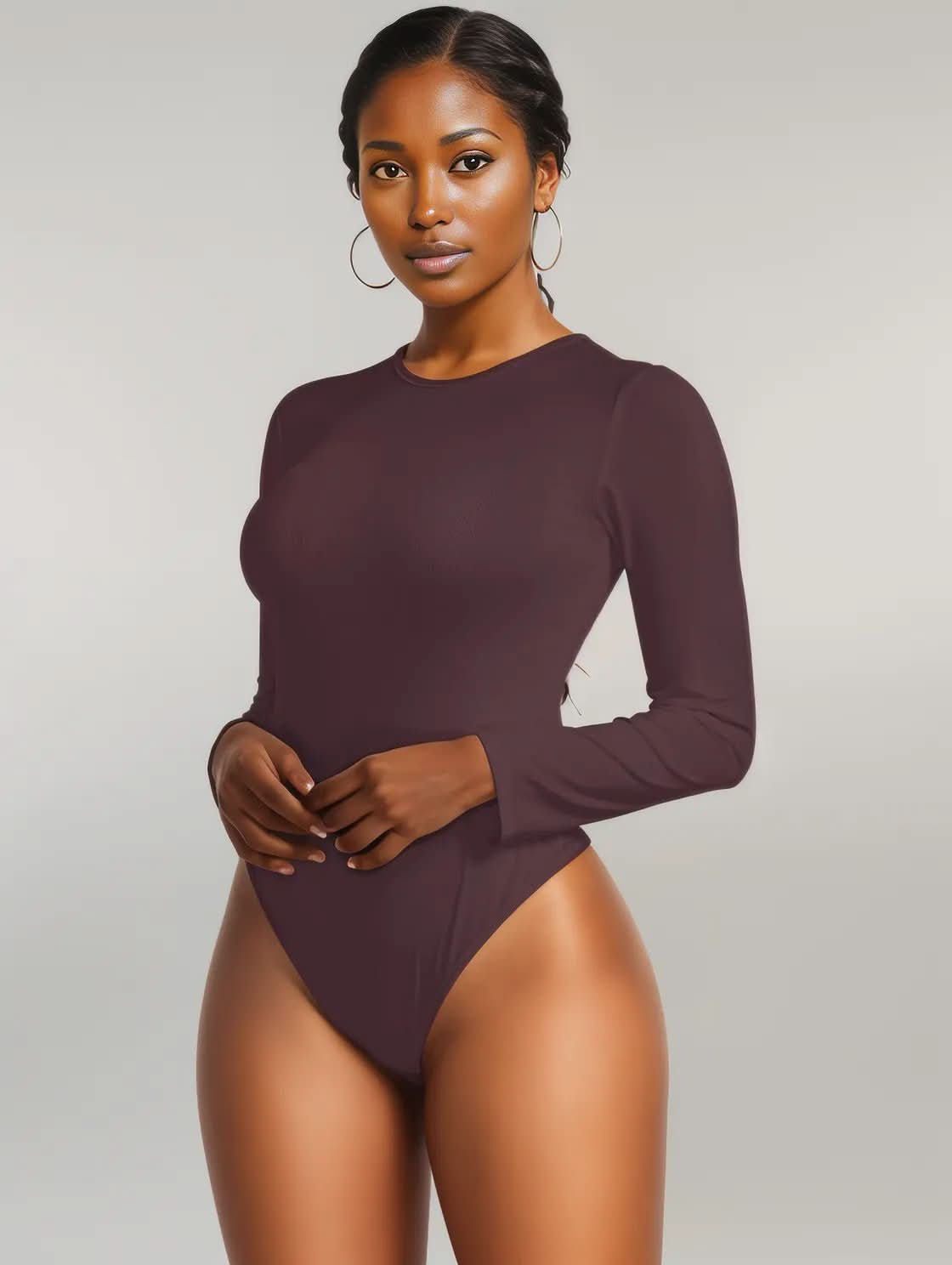 Round Neck Long Sleeve Bodysuit Dark Brown