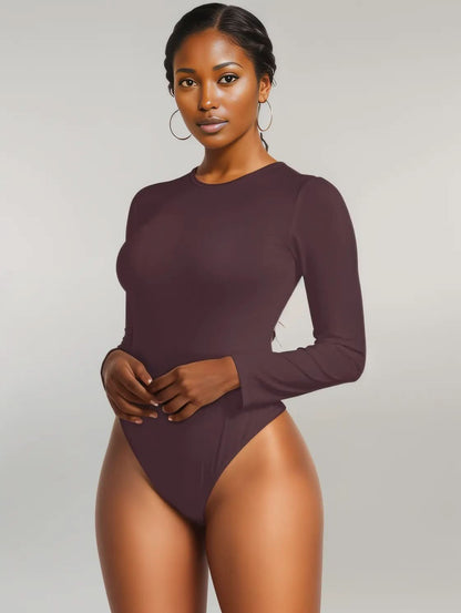 Round Neck Long Sleeve Bodysuit Dark Brown