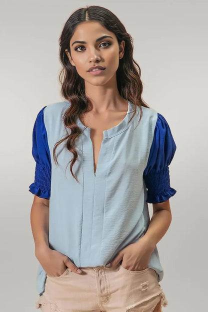 BiBi Air Flow Color Block Puff Sleeves V Neck Top LT.BLUE ROYAL
