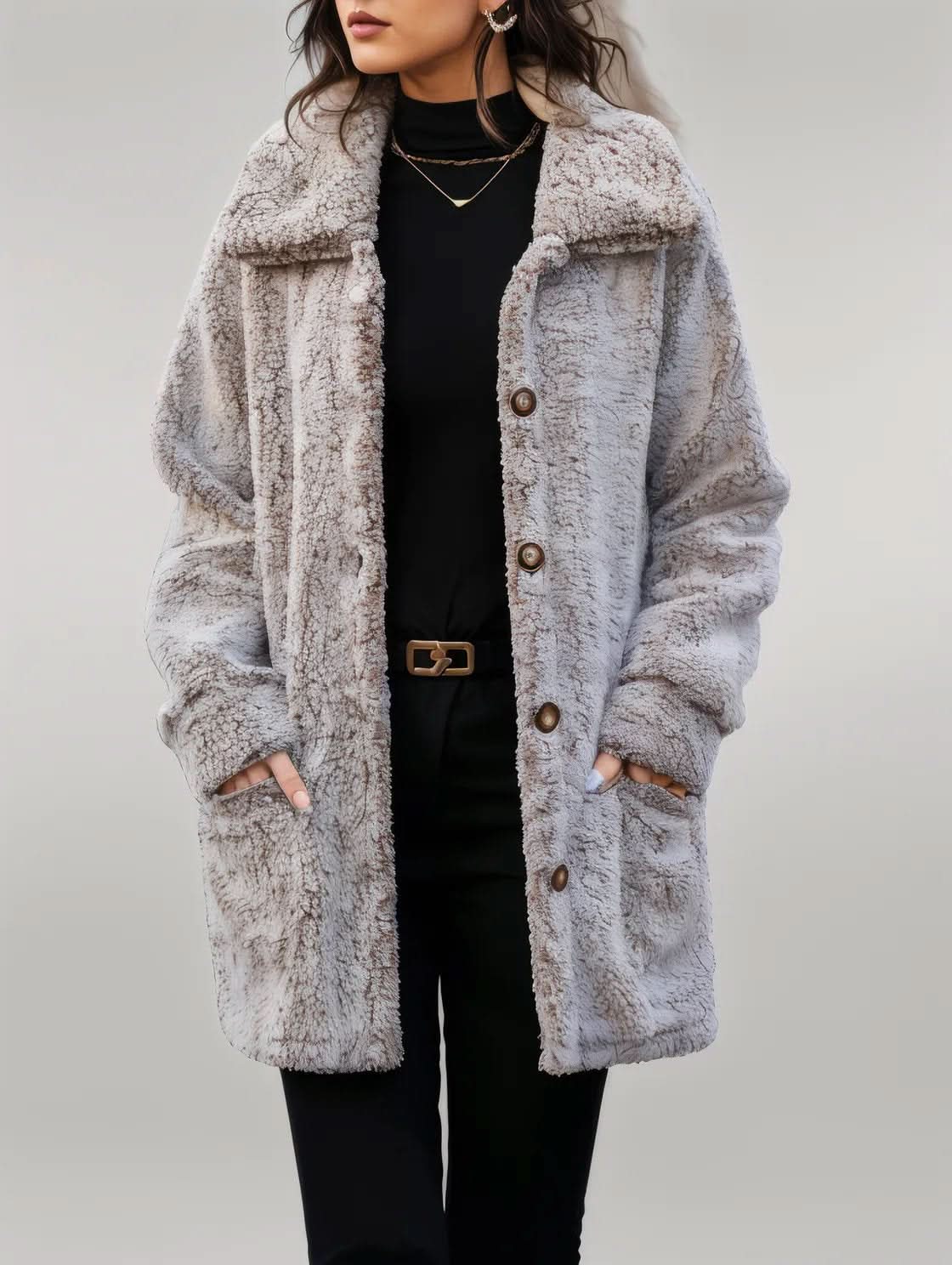Pocketed Collared Neck Long Sleeve Plush Jacket