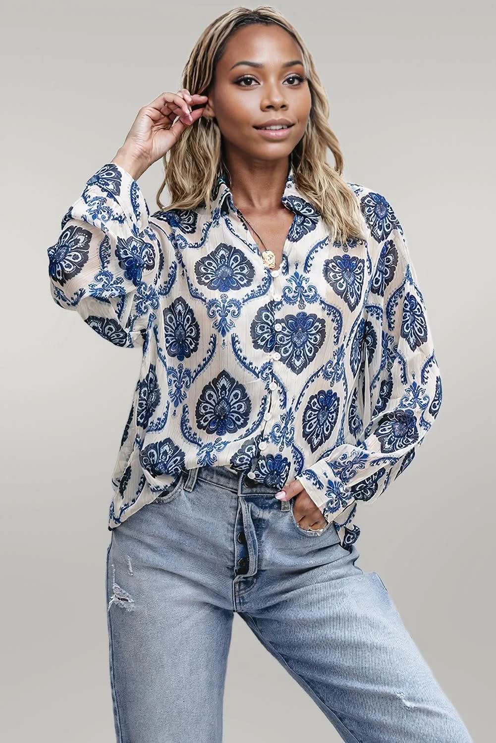 Blue Tribal Pattern Buttoned Front Loose Shirt