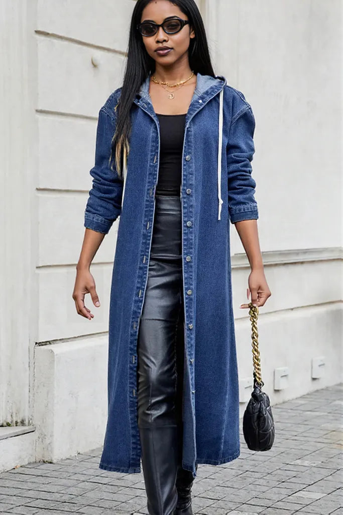 Button Up Long Sleeve Longline Hooded Denim Outerwear