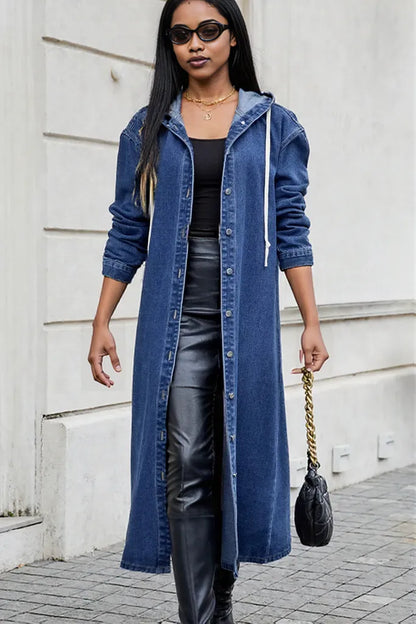 Button Up Long Sleeve Longline Hooded Denim Outerwear