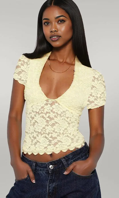 Lace Short Sleeve T-Shirt Pastel Yellow
