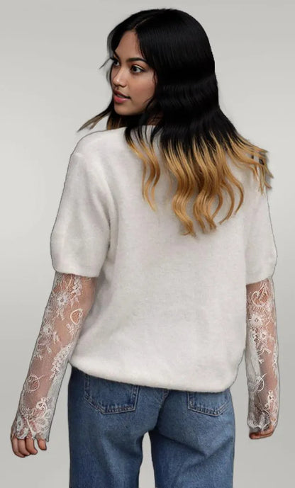 Lace Sleeve Patchwork Faux Two-piece Fuzzy Sweater White