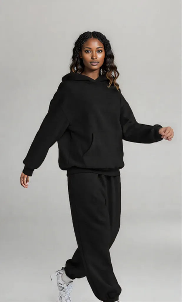 Full Size Kangaroo Pocket Hoodie and Joggers Set Black