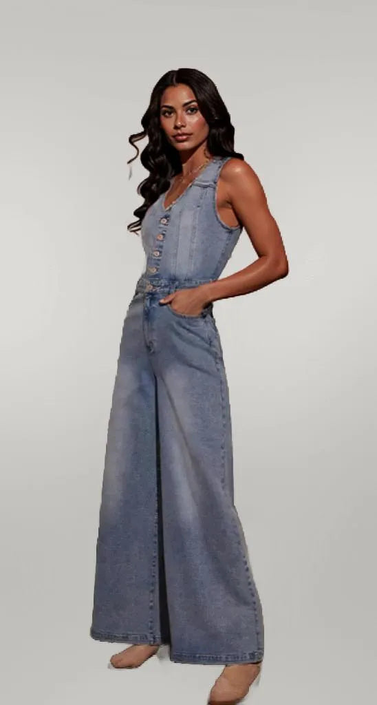 V-neck Wide Leg Denim Jumpsuit Medium