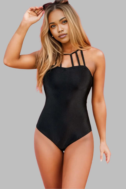 Black Sleeveless Strappy Halter Neck Sexy One Piece Swimsuit Black 82%Polyamide+18%Elastane