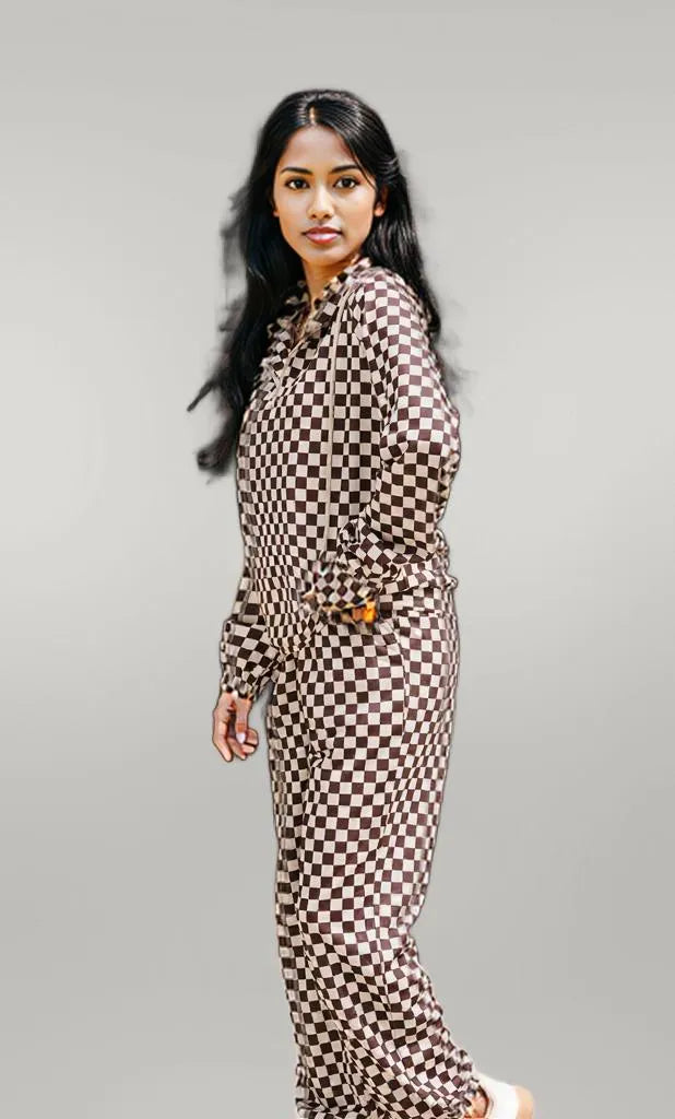 Checkered Drawstring Hoodie and Pants Set Plaid