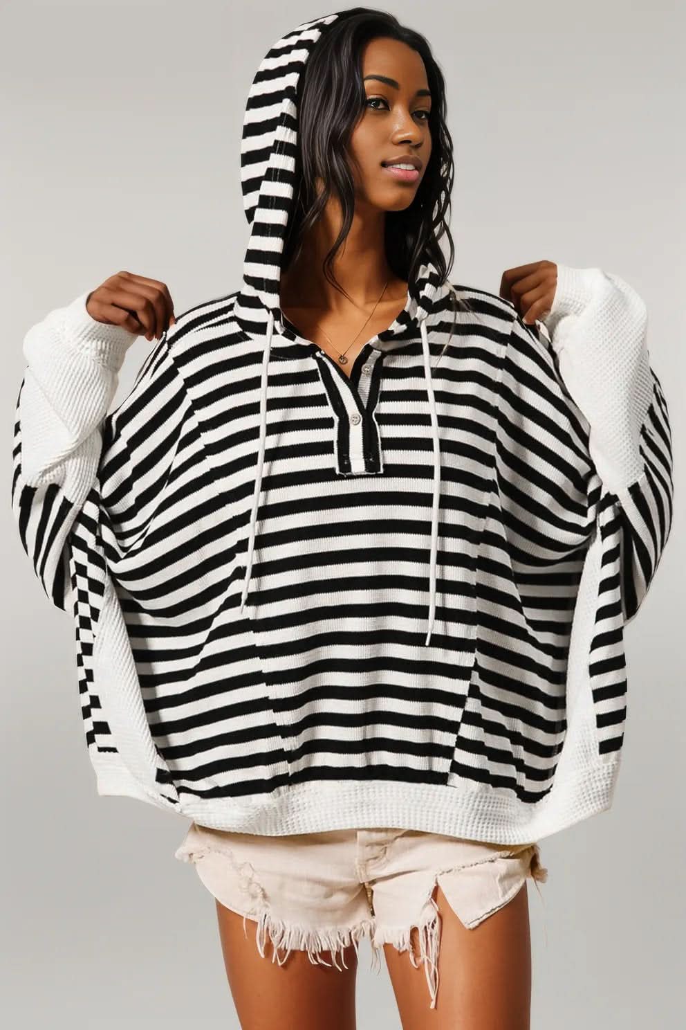 Black white Oversized Striped Henley Buttons Dolman Sleeve Hooded Top
