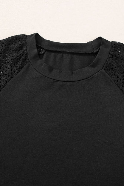 White Pointelle Lace Half Sleeve Crew Neck Tee White 95%Cotton+5%Elastane