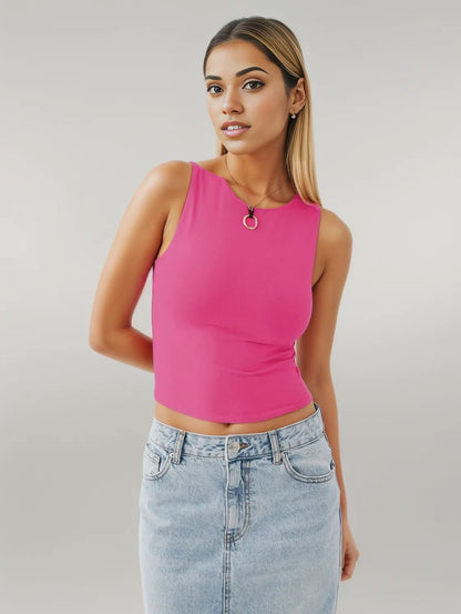 Round Neck Cropped Tank Hot Pink