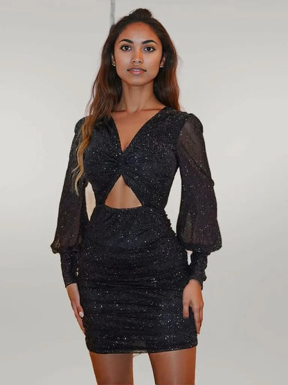 Glitter Cutout Twisted V-Neck Lantern Sleeve Mini Dress
