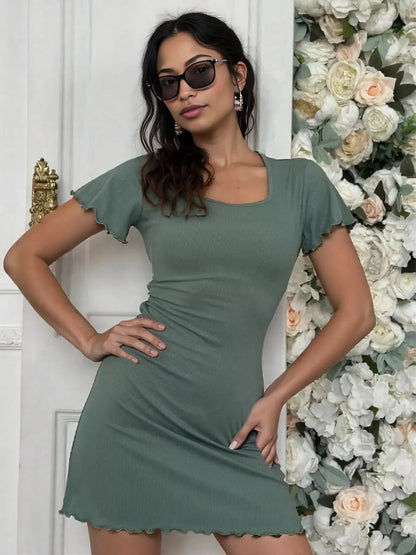 Ribbed Back Lace Up Short Sleeve Mini Dress