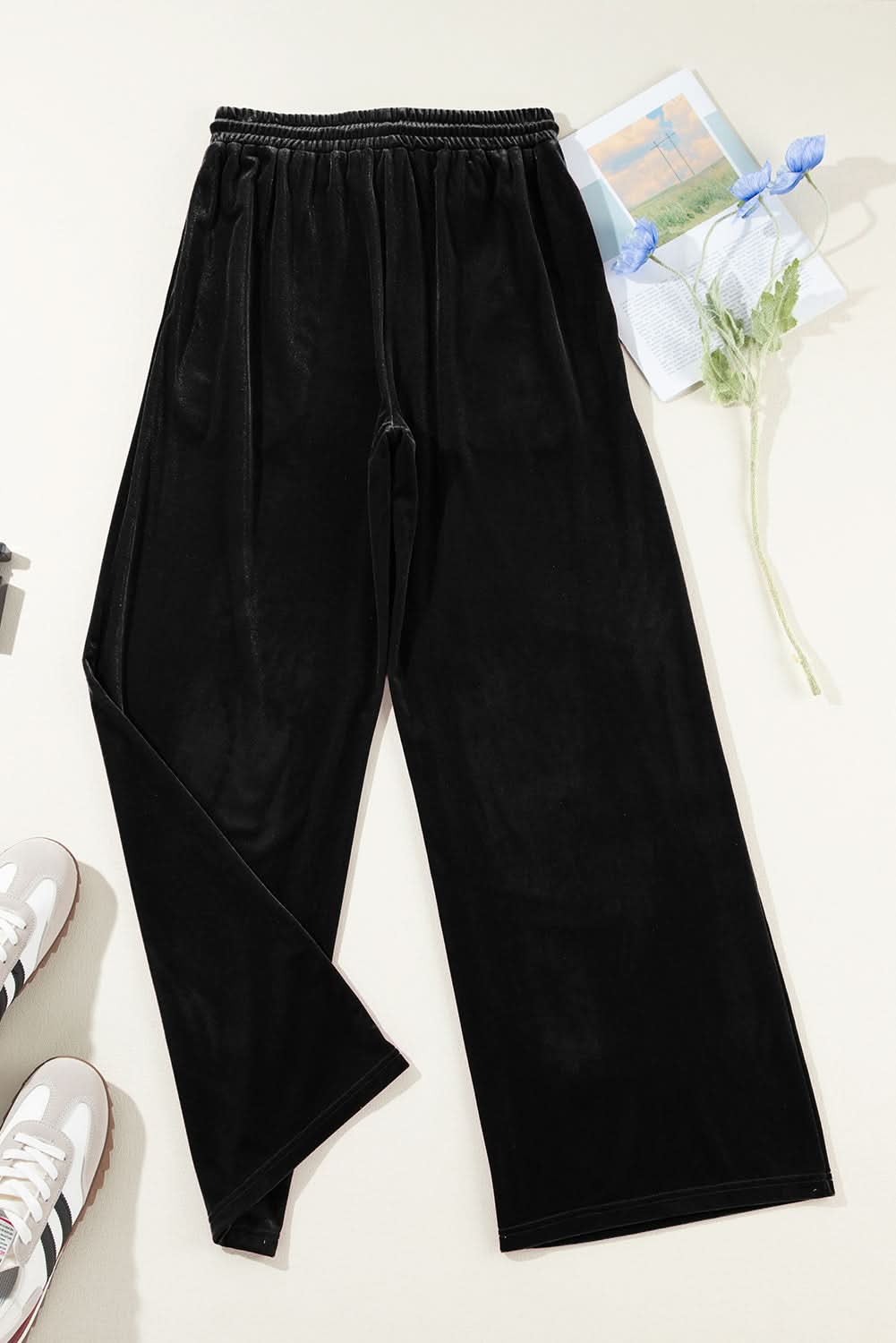 Black Solid Drawstring Waist Wide Leg Pants Black 95%Polyester+5%Elastane