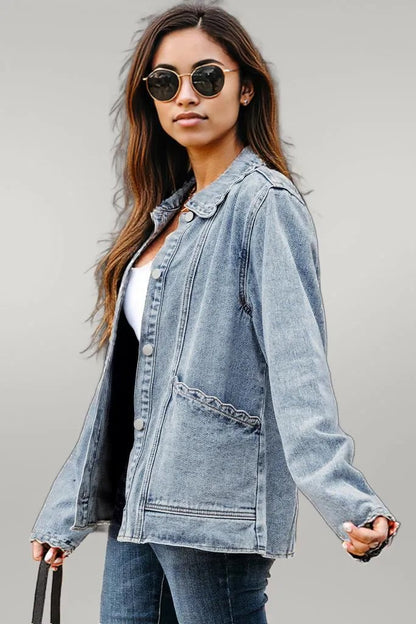 Sail Blue Scallop Trim Collar Patched Pocket Button Up Denim Jacket Myosotis 75%Cotton+25%Polyester