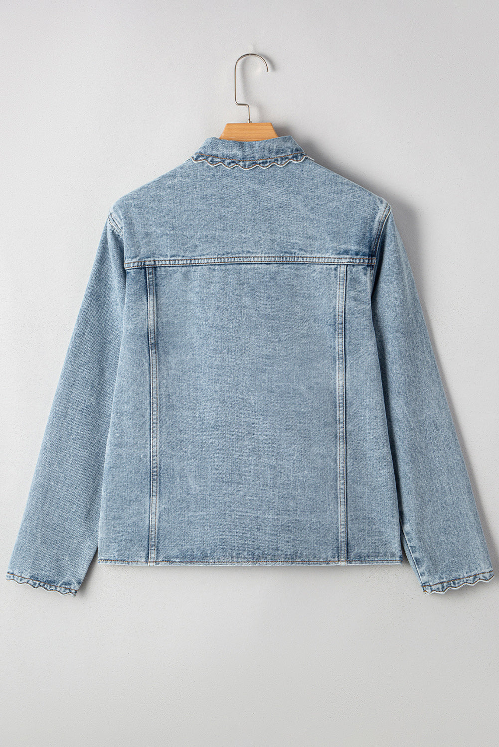 Sail Blue Scallop Trim Collar Patched Pocket Button Up Denim Jacket Myosotis 75%Cotton+25%Polyester