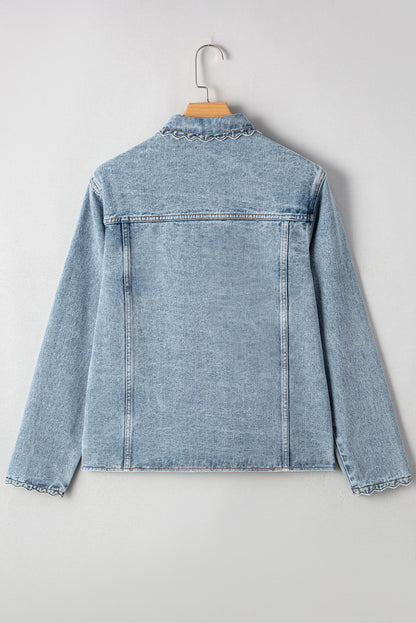 Sail Blue Scallop Trim Collar Patched Pocket Button Up Denim Jacket Myosotis 75%Cotton+25%Polyester