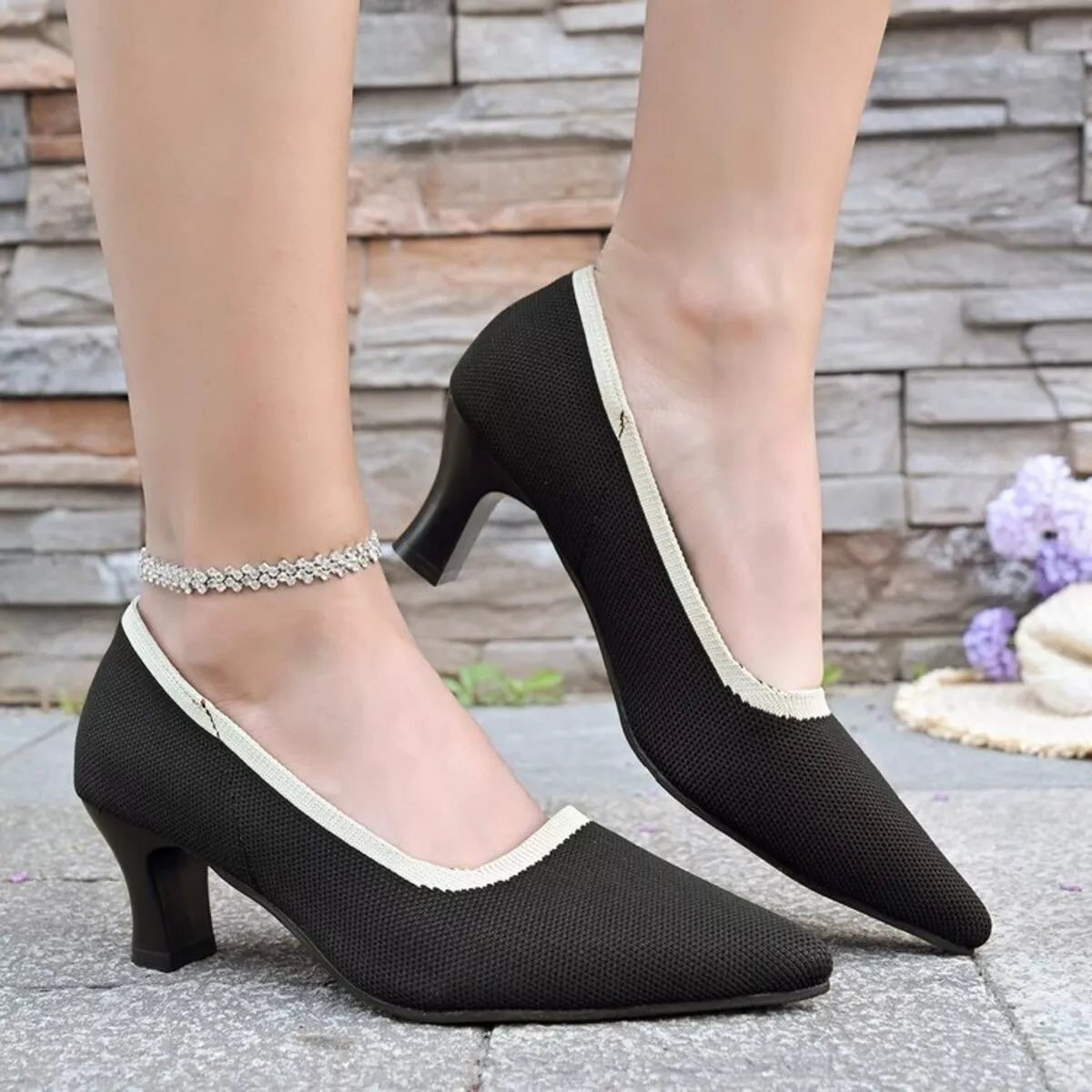 Point Toe Block Heels Pumps Black