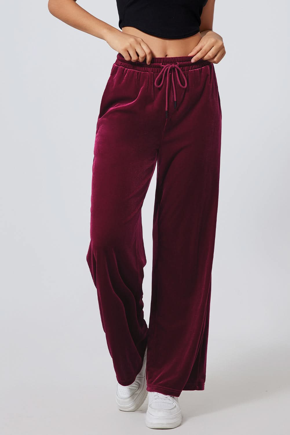 Black Solid Drawstring Waist Wide Leg Pants Burgundy 95%Polyester+5%Elastane