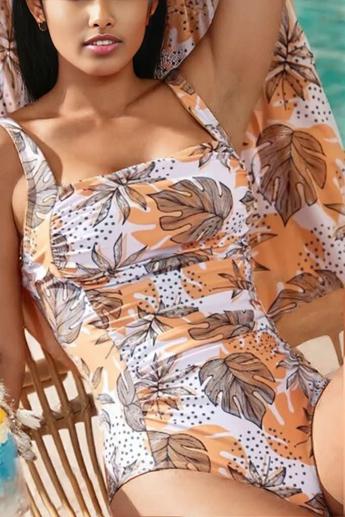 Printed Square Neck Wide Strap One-Piece Swimwear