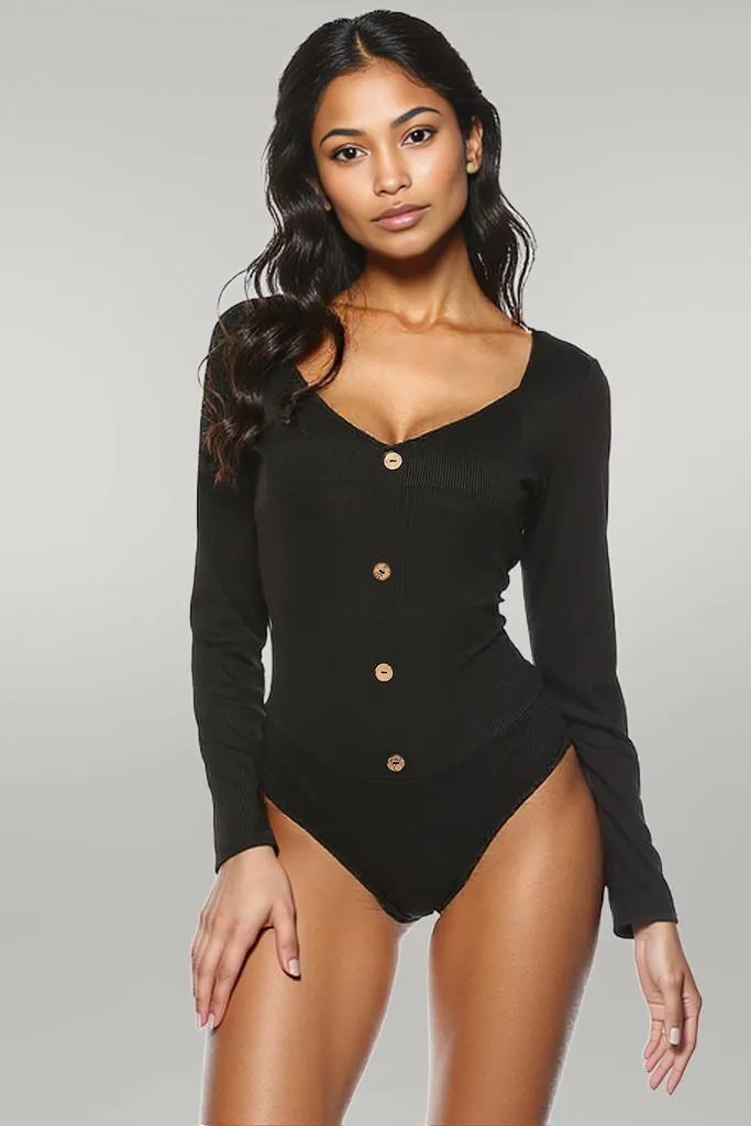 Button Detail Bodysuit Black