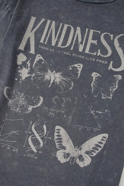 Kindness Butterflies Graphic Mineral Wash Loose Tee Dark Gray