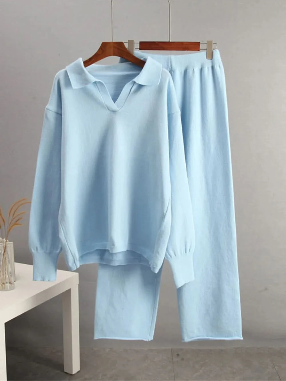 Johnny Collar Long Sleeve Top and Pants Sweater Set Light Blue One Size