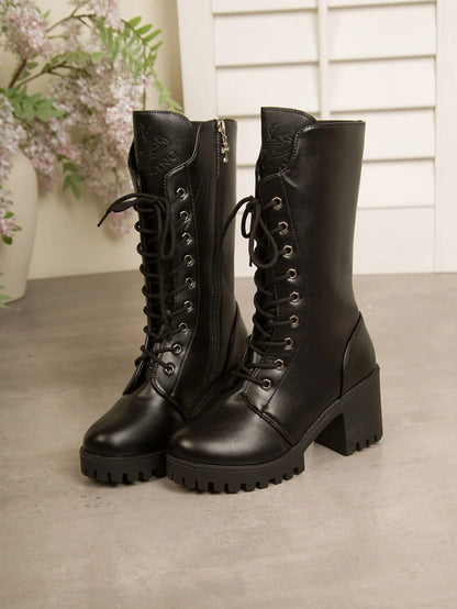 Lace Up Block Heels Boots Black