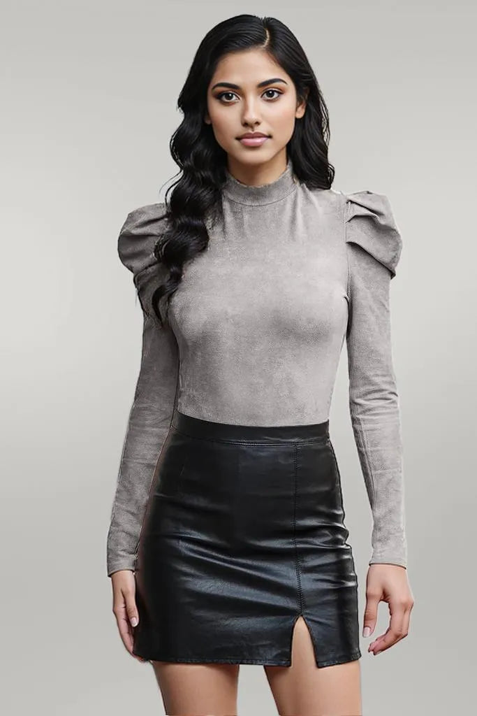 Mock Neck Puff Sleeve Bodysuit Dark Gray