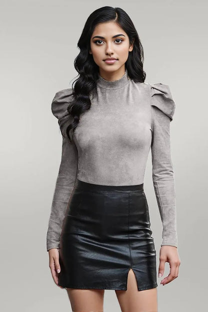 Mock Neck Puff Sleeve Bodysuit Dark Gray