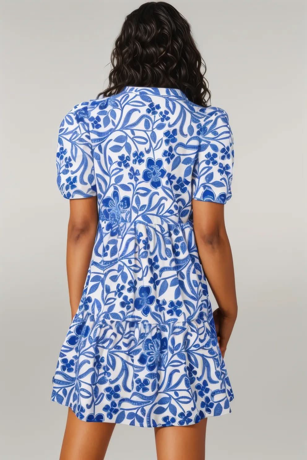 Blue Flower Print Puff Sleeve Tiered Dress Blue 100%Cotton