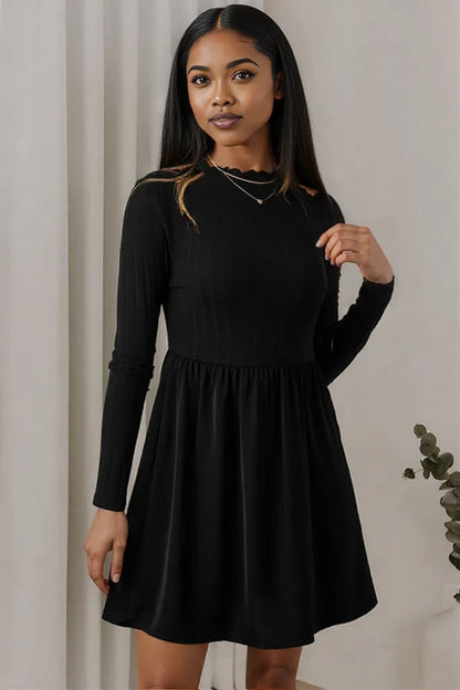Black Frilled Neck Ribbed Knit Patchwork Long Sleeve Mini Dress