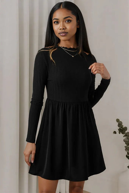 Black Frilled Neck Ribbed Knit Patchwork Long Sleeve Mini Dress