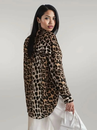 Leopard Collared Neck Long Sleeve Shirt