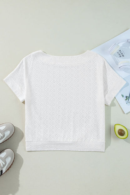 White Eyelet Pattern Boat Neck Casual Tee White 97%Polyester+3%Elastane