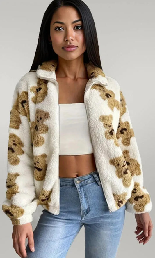 Bear Print Fleece Zip Up Outerwear White