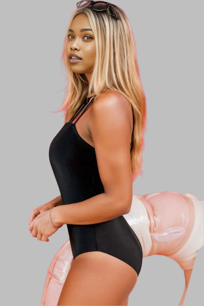Black Sleeveless Strappy Halter Neck Sexy One Piece Swimsuit Black 82%Polyamide+18%Elastane